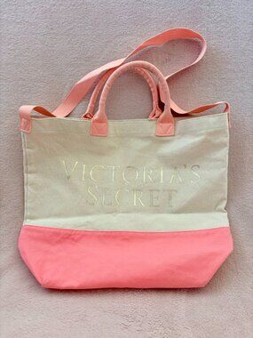 Victoria's Secret Spell Out Duotone Cream Pink Canvas Shoulder Tote Bag 11127368